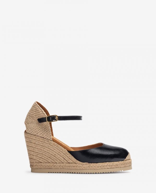Espadrilles compensées en cuir pour femme - Noir Espadrilles compensées en cuir pour femme - Noir