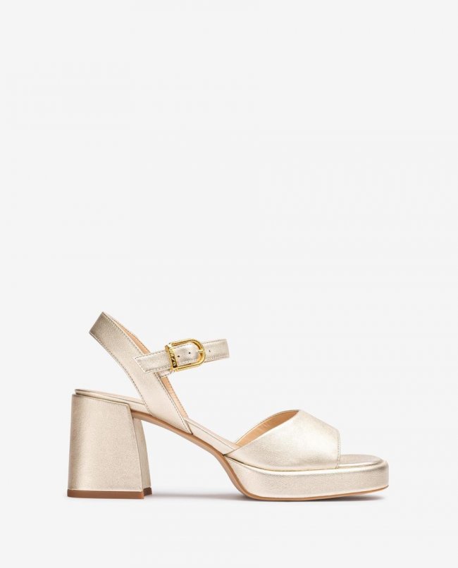 Sandales à talon carré en cuir métallisé Unisa pour femme - Doré Sandales à talon carré en cuir métallisé Unisa pour femme - Doré