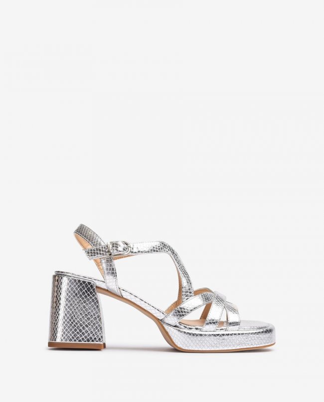 Sandales Unisa Femme en cuir métallisé à talon carré - Argent Sandales Unisa Femme en cuir métallisé à talon carré - Argent