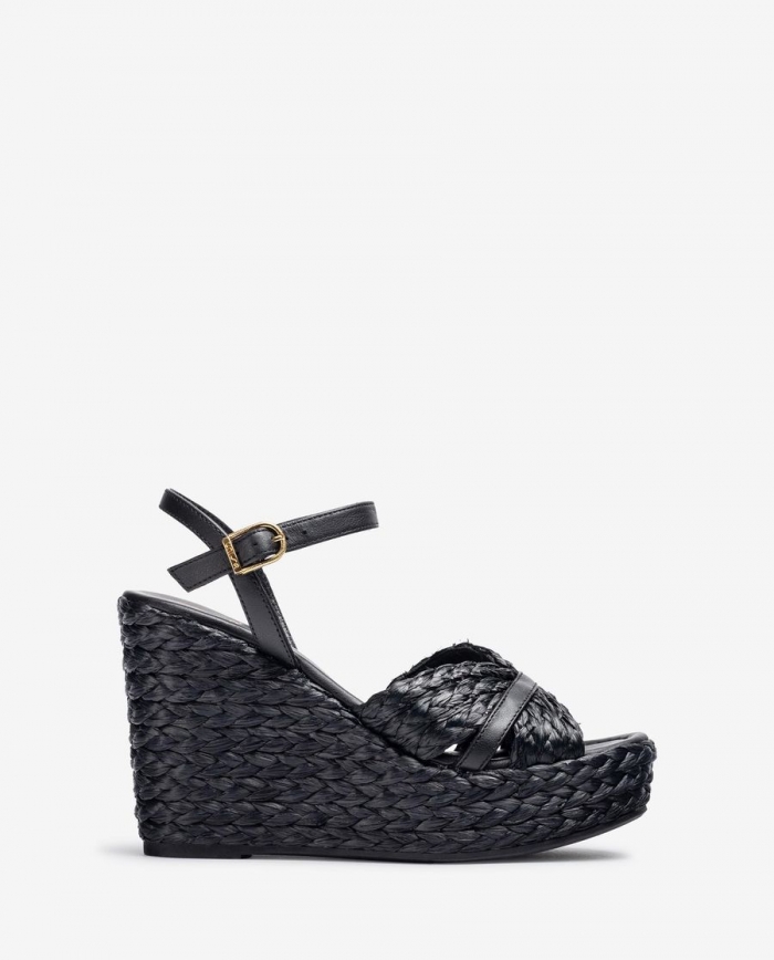 Sandales compensées hautes en raphia Unisa pour femme - Noir Sandales compensées hautes en raphia Unisa pour femme - Noir