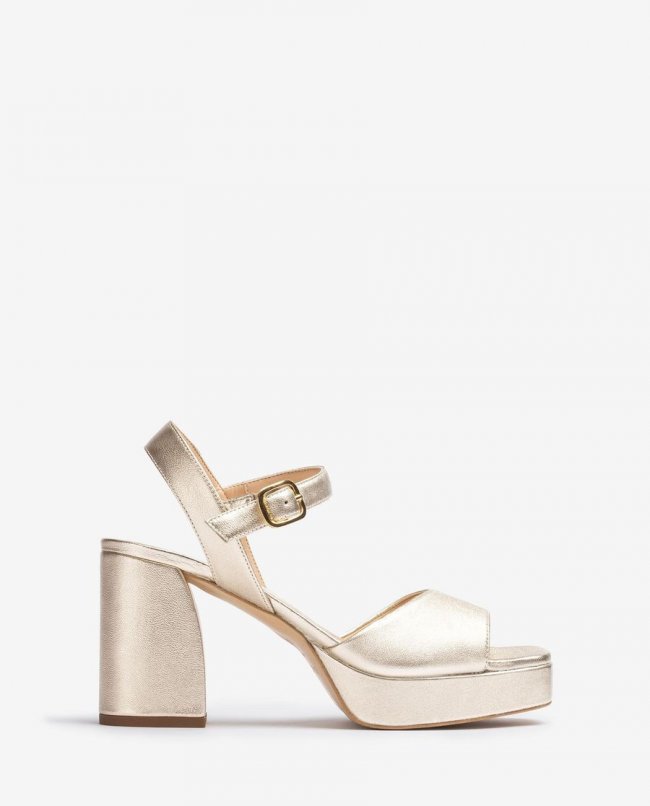 Sandales à talon carré en cuir métallisé Unisa pour femme - Doré Sandales à talon carré en cuir métallisé Unisa pour femme - Doré