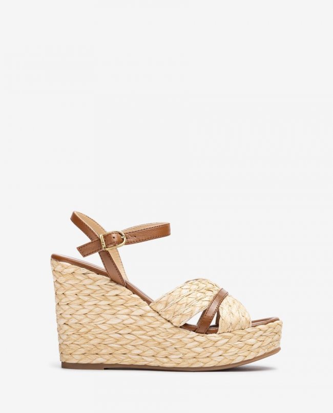 Sandales compensées hautes en raphia pour femme - Marron Sandales compensées hautes en raphia pour femme - Marron