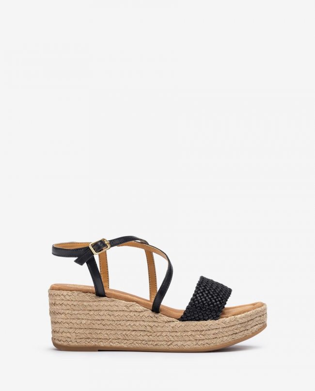 Sandales en cuir et raphia pour femme Unisa - Noir Sandales en cuir et raphia pour femme Unisa - Noir