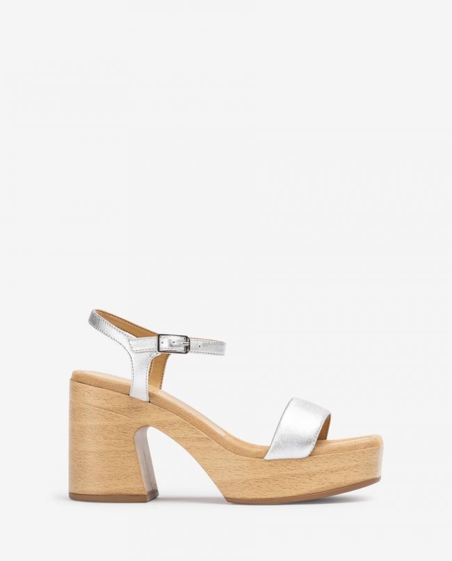 Sandales à talon carré en cuir métallisé Unisa pour femme - Argenté Sandales à talon carré en cuir métallisé Unisa pour femme - Argenté