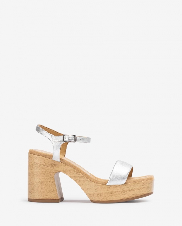 Sandales à talon carré en cuir métallisé Unisa pour femme - Argenté Sandales à talon carré en cuir métallisé Unisa pour femme - Argenté