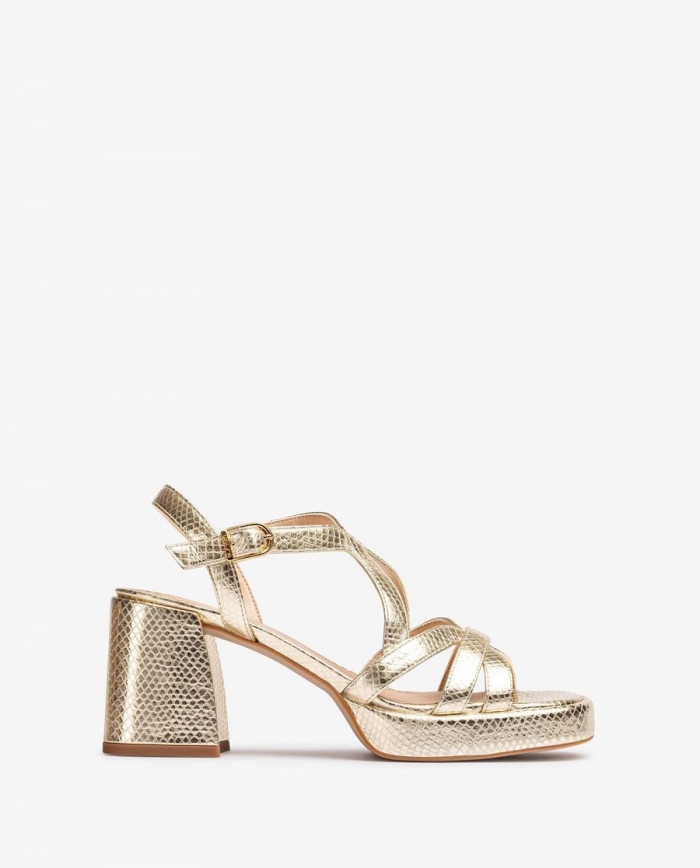 Sandales à talon carré en cuir métallisé Unisa pour femme - Doré Sandales à talon carré en cuir métallisé Unisa pour femme - Doré