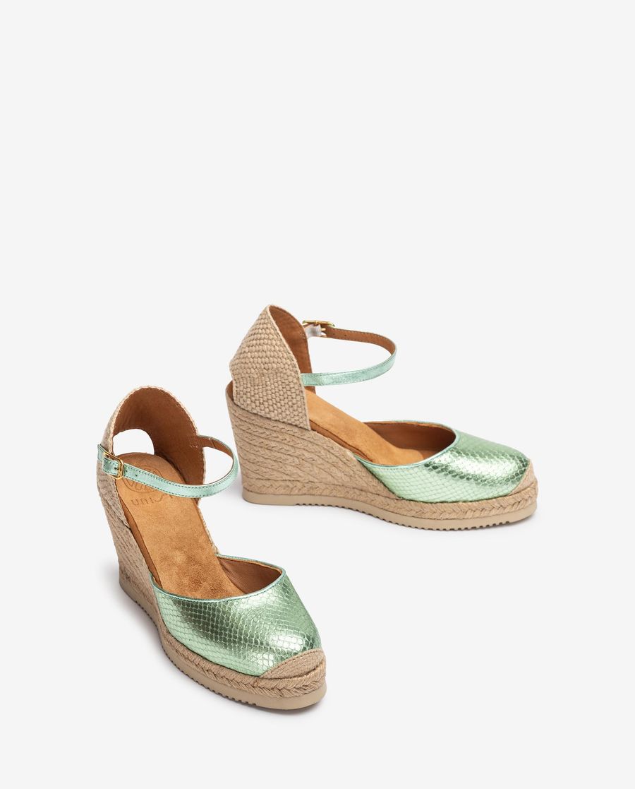 Espadrilles compensées hautes Unisa en cuir embossé Vert