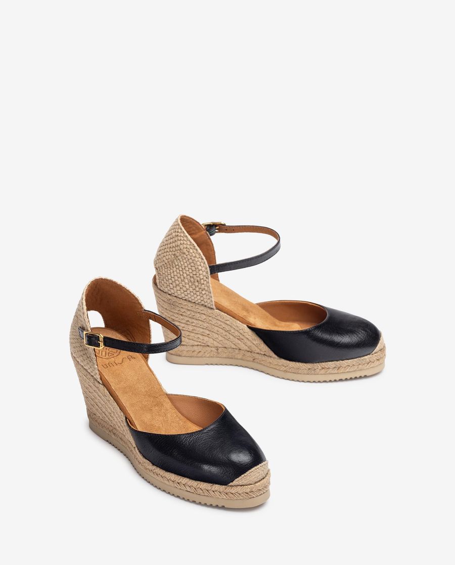 Espadrilles compensées en cuir pour femme - Noir