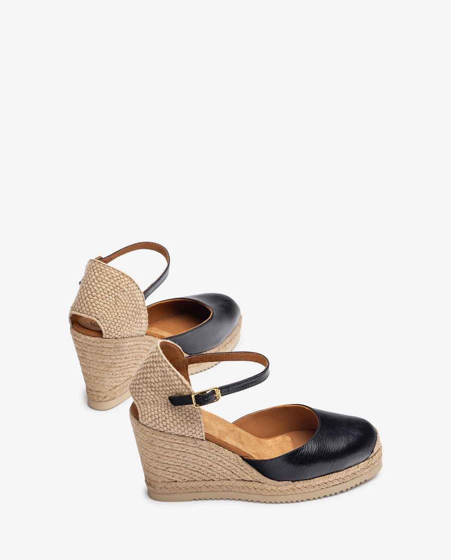 Espadrilles compensées en cuir pour femme - Noir