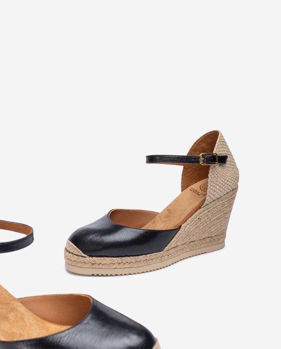Espadrilles compensées en cuir pour femme - Noir