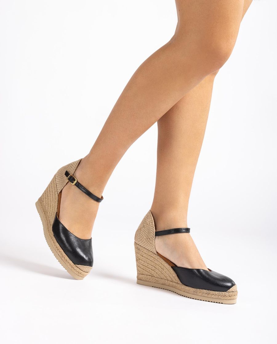 Espadrilles compensées en cuir pour femme - Noir