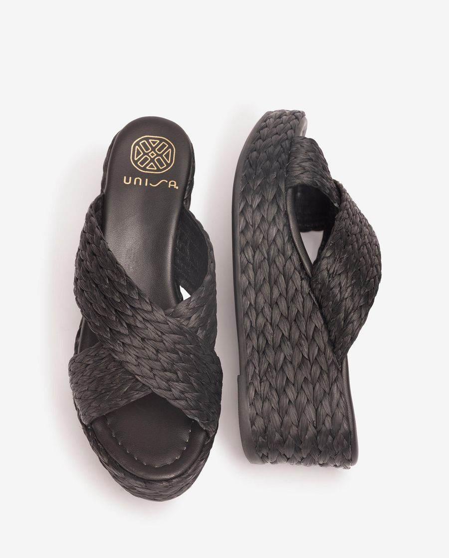 Sandales compensées en raphia naturel pour femme Unisa - Noir