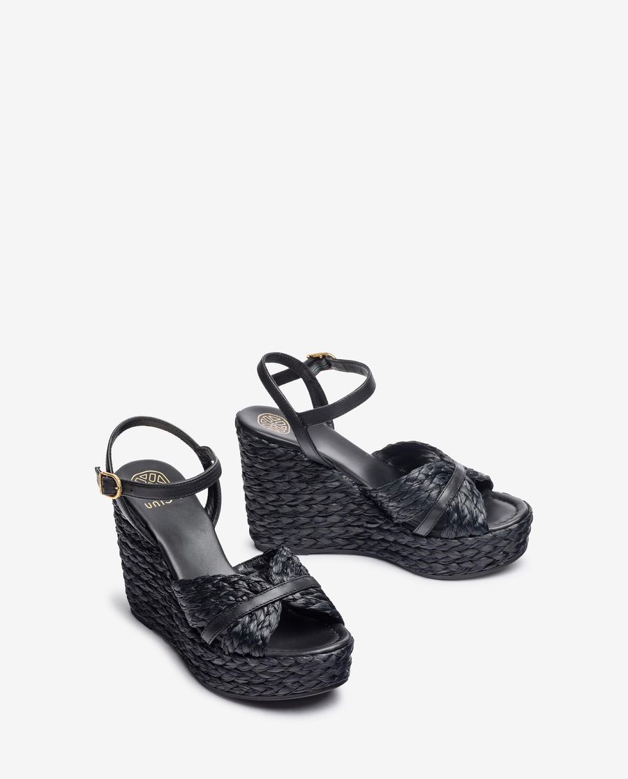 Sandales compensées hautes en raphia Unisa pour femme - Noir
