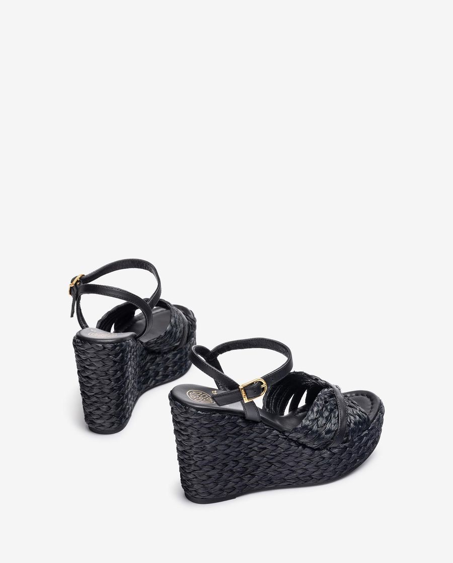 Sandales compensées hautes en raphia Unisa pour femme - Noir