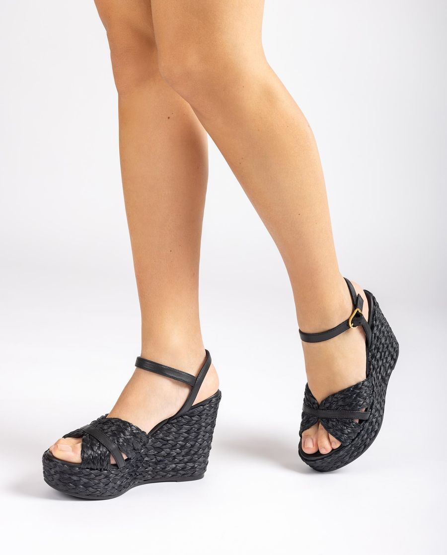 Sandales compensées hautes en raphia Unisa pour femme - Noir