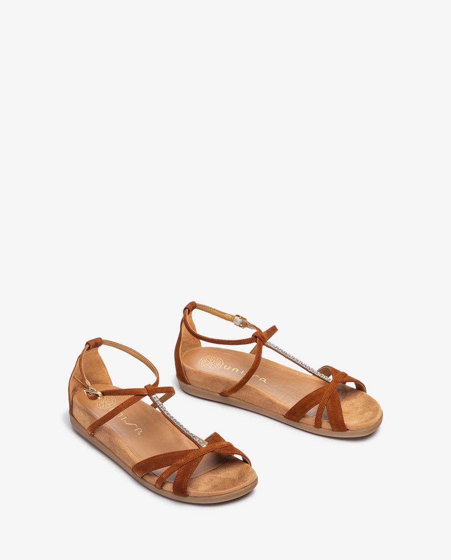 Sandales plates ornées de cristaux Unisa pour femme - Marron