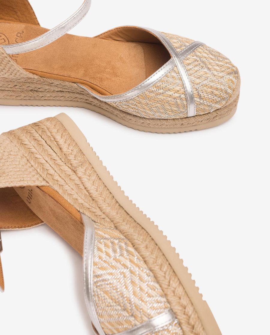 Espadrilles Unisa Femme en raphia et cuir métallisé - Argenté