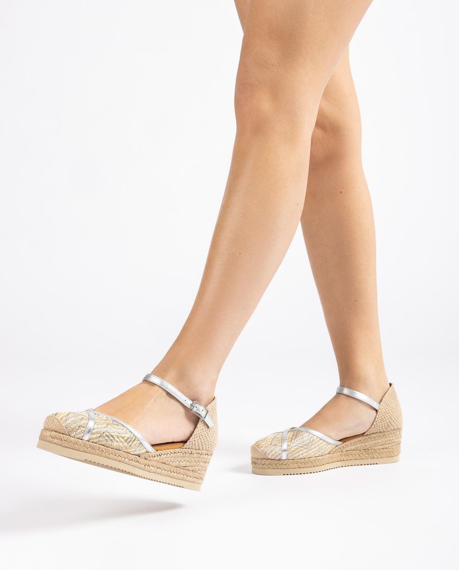 Espadrilles Unisa Femme en raphia et cuir métallisé - Argenté