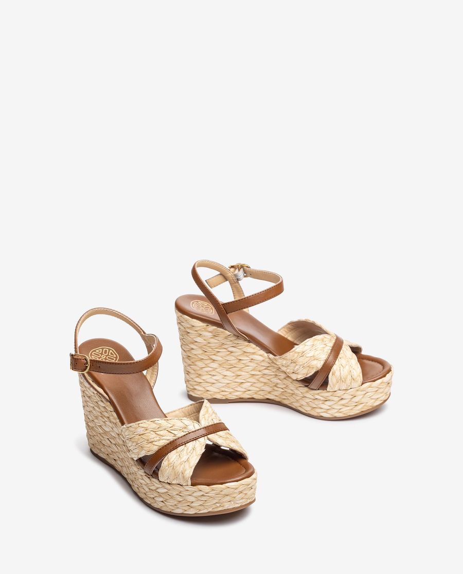 Sandales compensées hautes en raphia pour femme - Marron