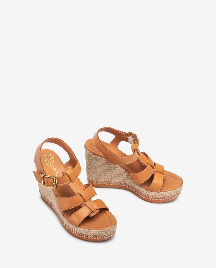 Sandales compensées hautes Unisa pour femme avec surpiqûres - Marron