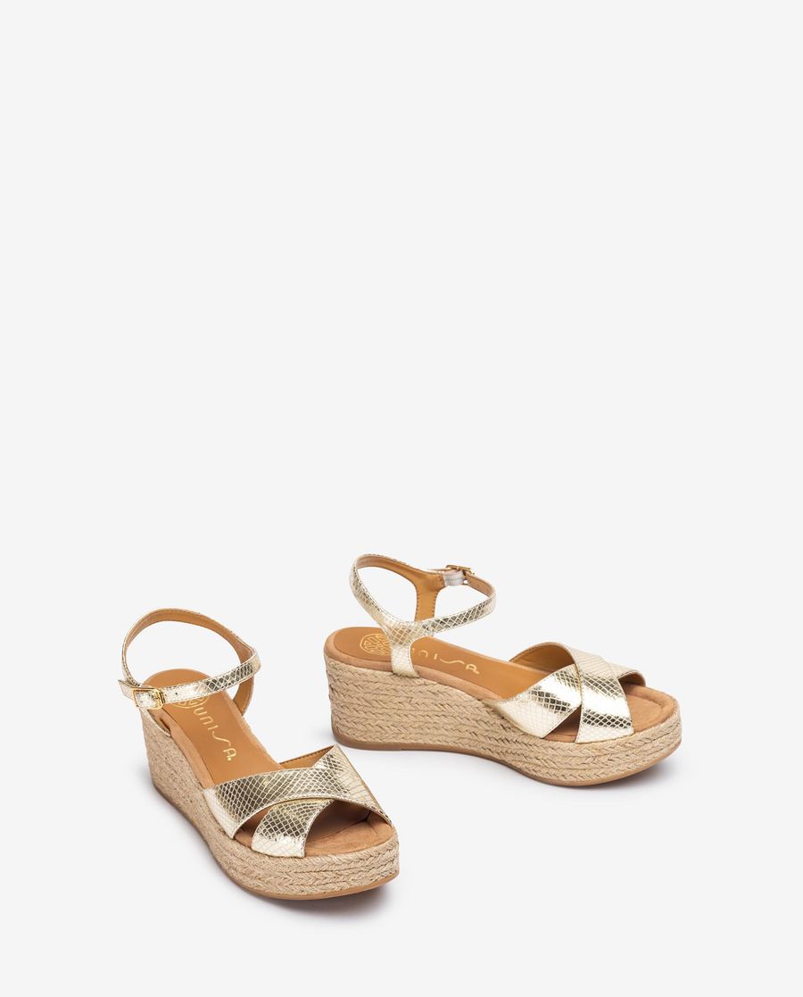 Sandales à brides croisées en raphia Unisa pour femme - Doré