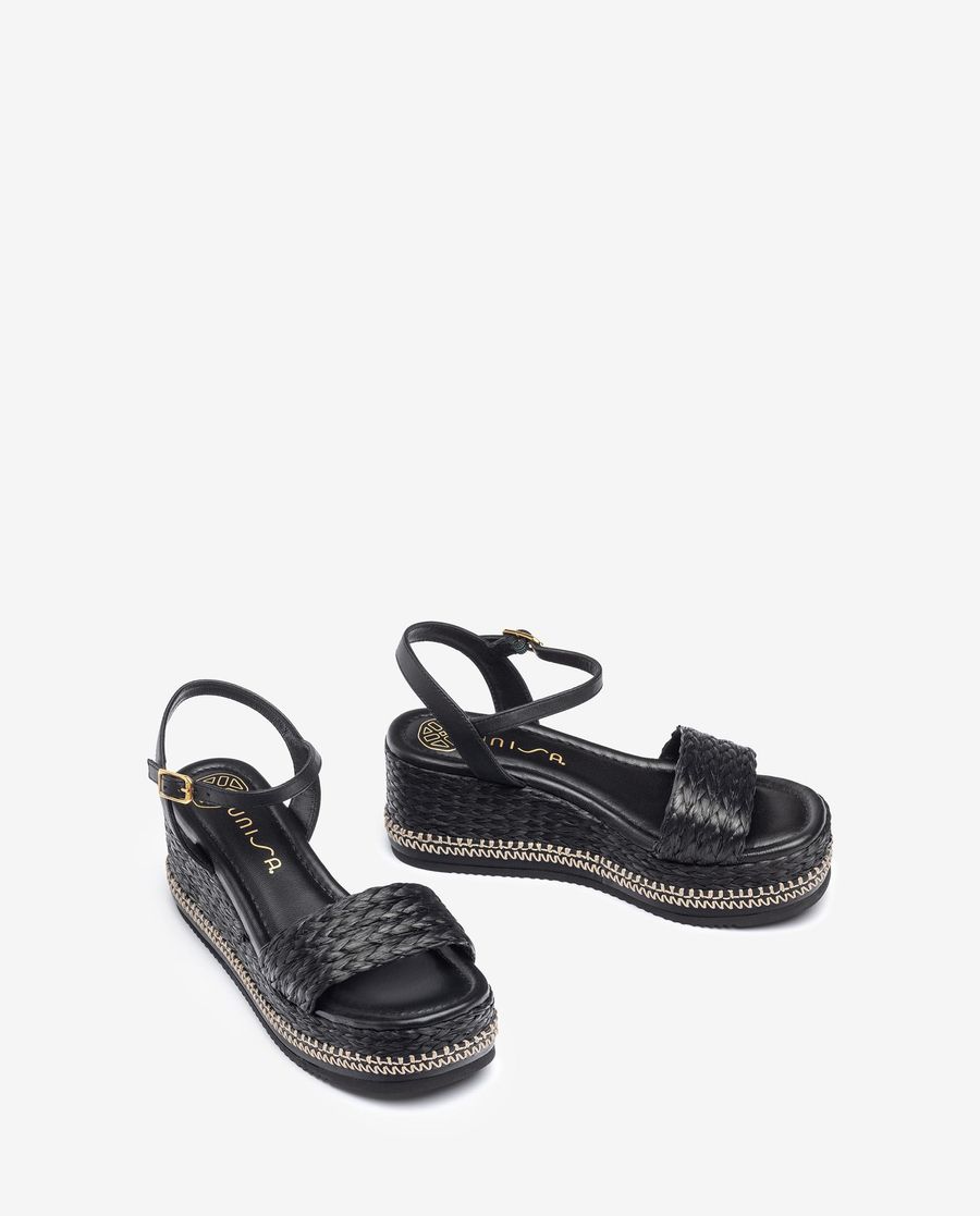 Sandales compensées en raphia Unisa pour femme - Noir