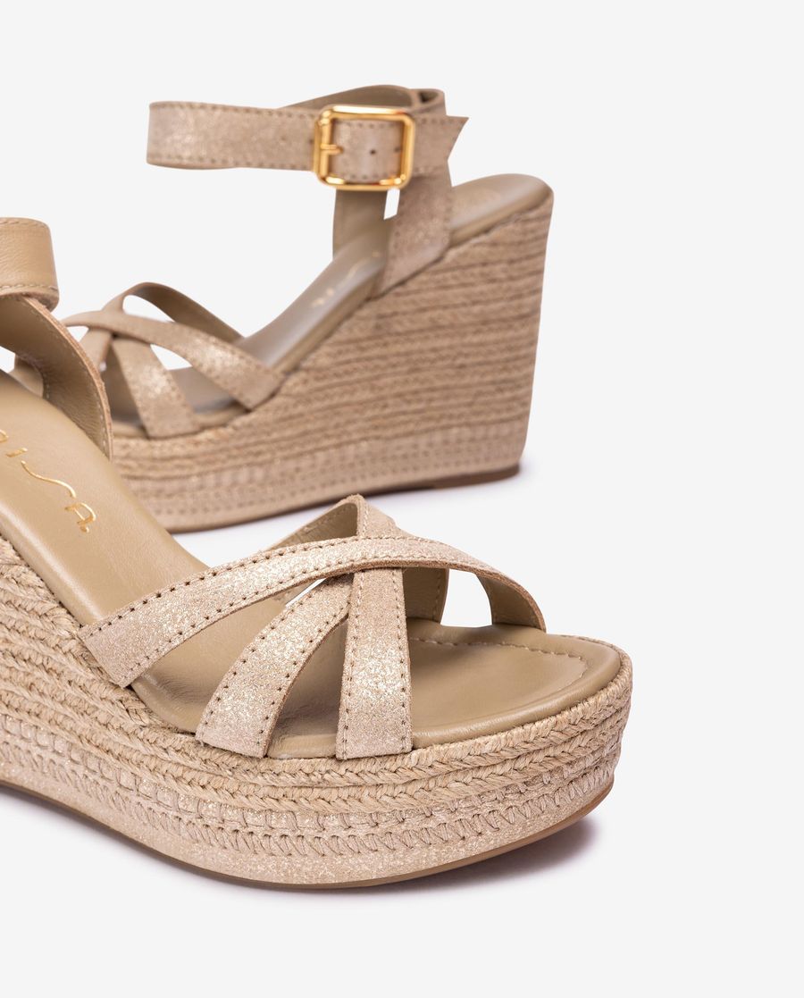 Sandales compensées hautes à brides croisées - Doré