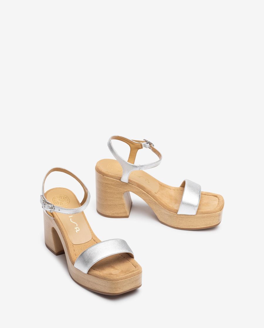 Sandales à talon carré en cuir métallisé Unisa pour femme - Argenté