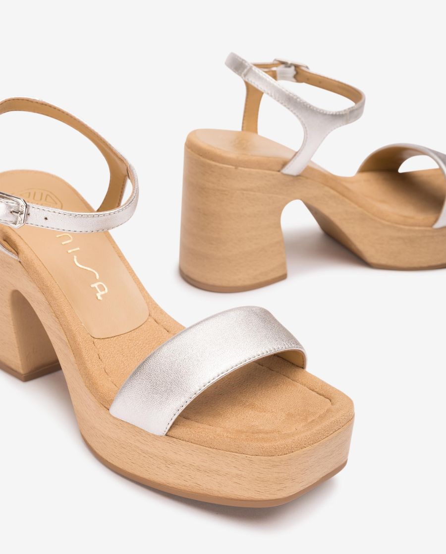 Sandales à talon carré en cuir métallisé Unisa pour femme - Argenté