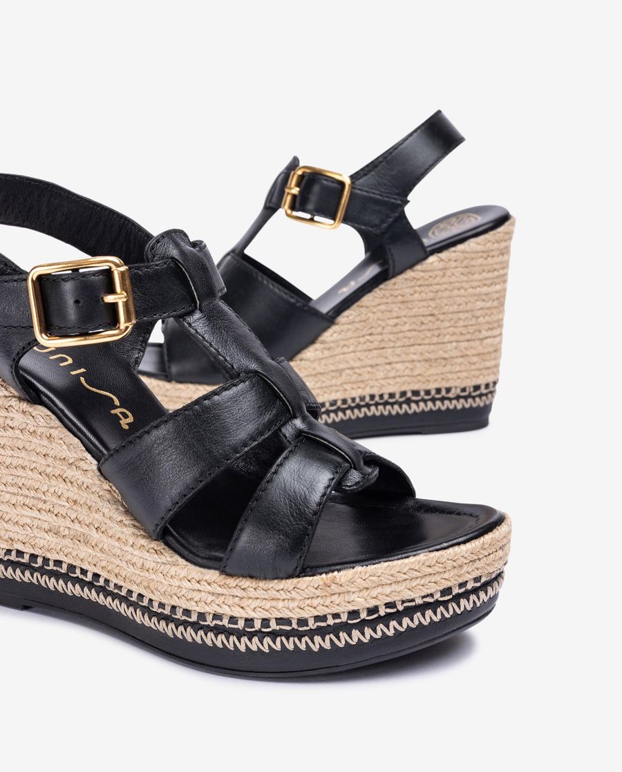 Sandales compensées hautes Unisa pour femme avec surpiqûres - Noir